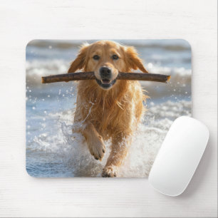 Golden Retriever Running with a Beach Stick Mouse Mat