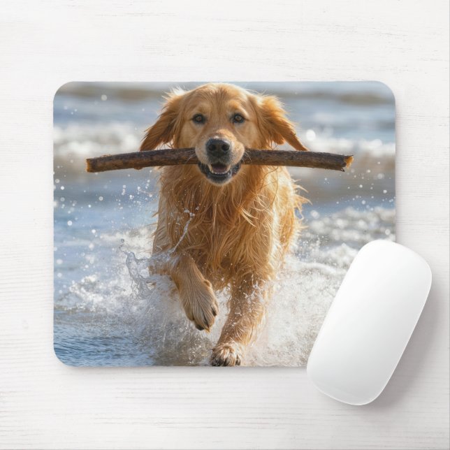 Golden Retriever Running with a Beach Stick Mouse Mat (With Mouse)