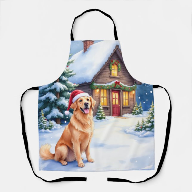 Golden Retriever Rustic Cabin Santa Hat Christmas Apron (Front)