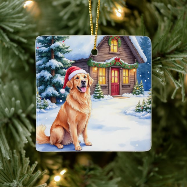 Golden Retriever Rustic Cabin Santa Hat Christmas Ceramic Ornament (Tree)