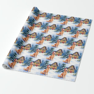 Golden Retriever Rustic Cabin Santa Hat Christmas Wrapping Paper