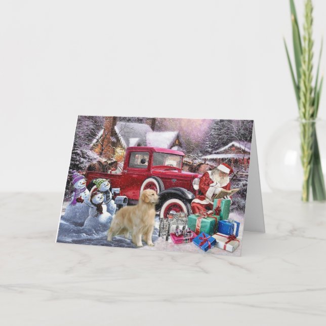 Golden Retriever Santa and Snowmen Christmas Card (Front)