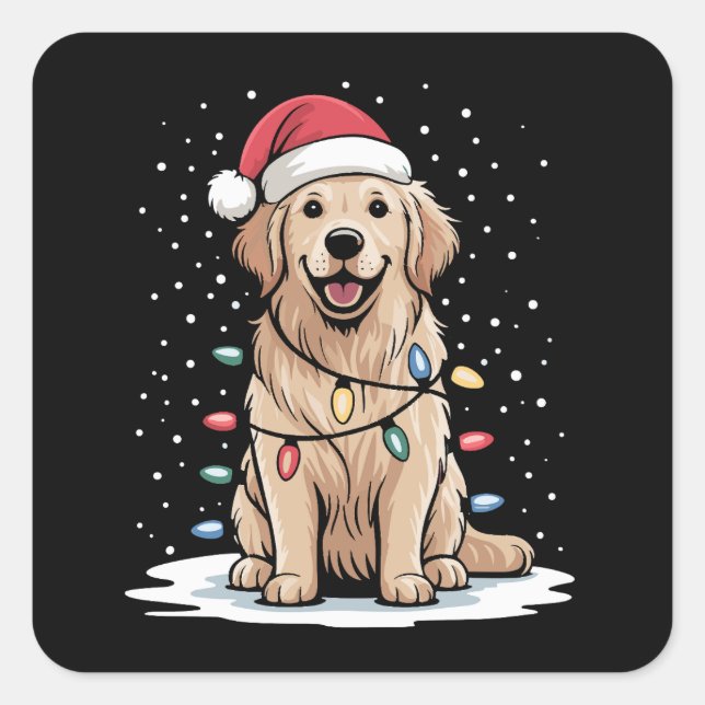 Golden Retriever Santa Christmas Tree Lights Xmas Square Sticker (Front)