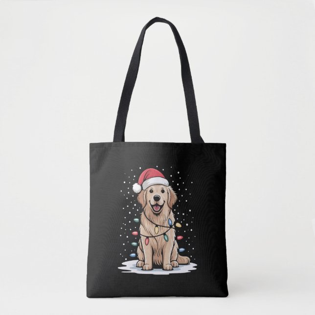 Golden Retriever Santa Christmas Tree Lights Xmas Tote Bag (Front)