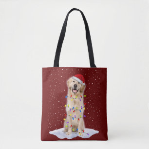 Golden retriever Santa Christmas Tree Lights Xmas Tote Bag