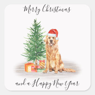 Golden Retriever Santa Dog Merry Christmas Square Sticker