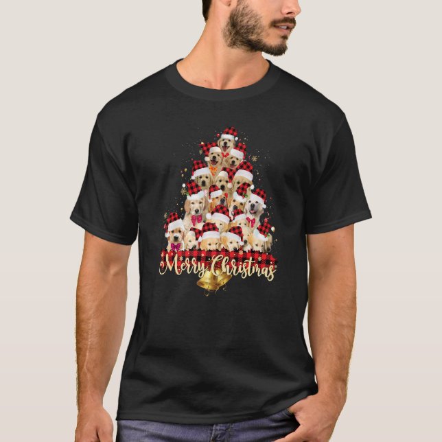 Golden Retriever Santa Hat Dogs Red Buffalo Plaid  T-Shirt (Front)