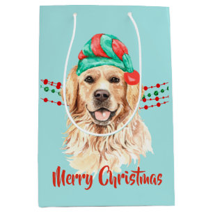 Golden Retriever Santa Hat Holiday String Beads Medium Gift Bag