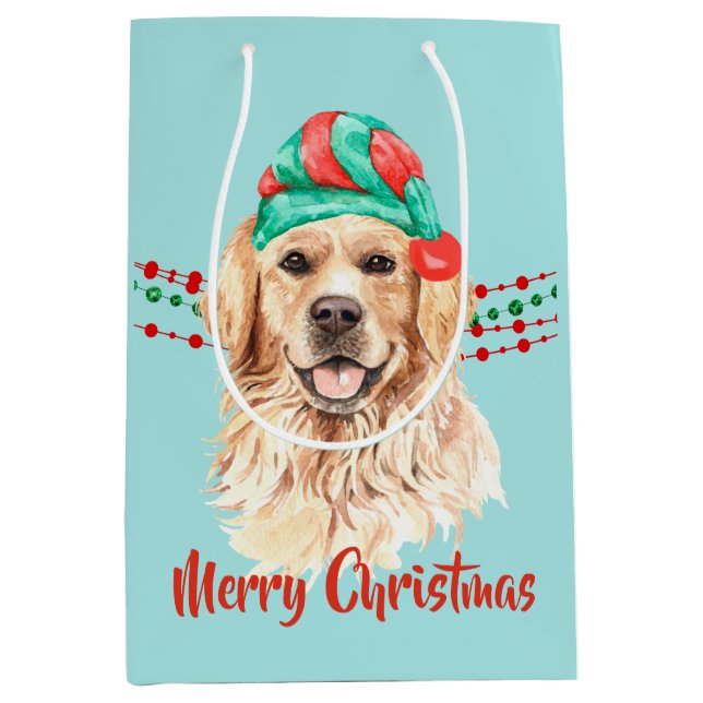 Golden Retriever Santa Hat Holiday String Beads Medium Gift Bag (Front)