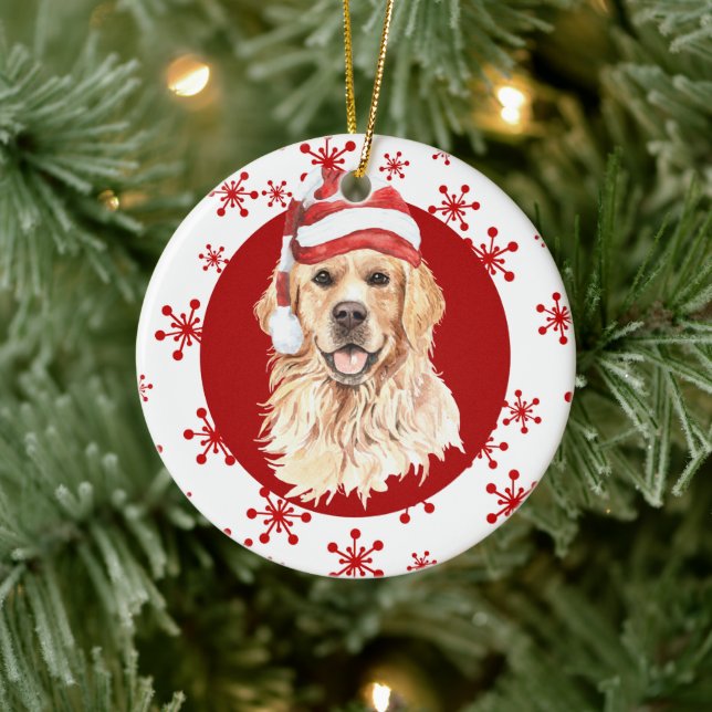 Golden Retriever Santa Hat Red Snowflake Ceramic Tree Decoration (Tree)