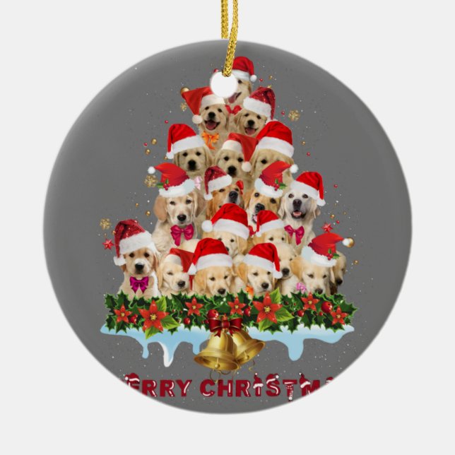 Golden Retriever Santa Hat Xmas Dogs Merry Christm Ceramic Tree Decoration (Front)