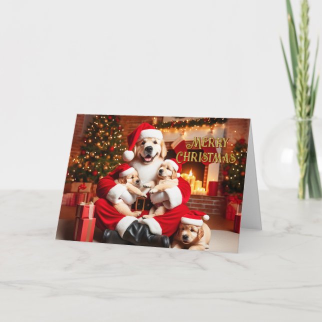 Golden Retriever Santa with Puppies Christmas Card (Front)