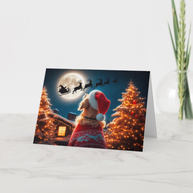 Golden Retriever Sees Santa Fly Christmas Card (Front)