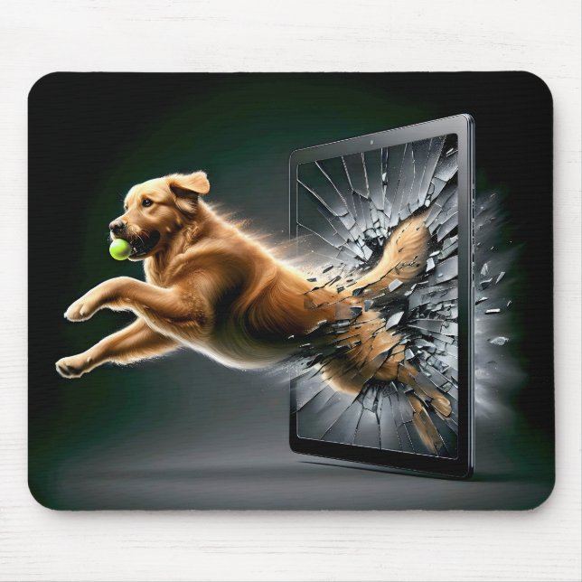 Golden Retriever Shattering a Tablet Screen Mouse Mat (Front)