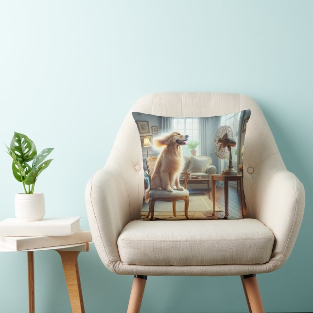 Golden Retriever Sitting in Front of Fan Cushion (Chair)