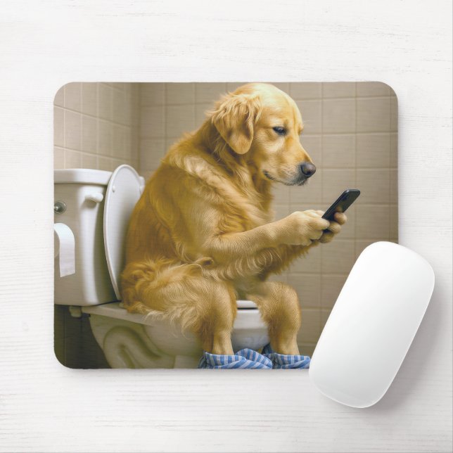 Golden Retriever Sitting On the Toilet Texting Mouse Mat (With Mouse)
