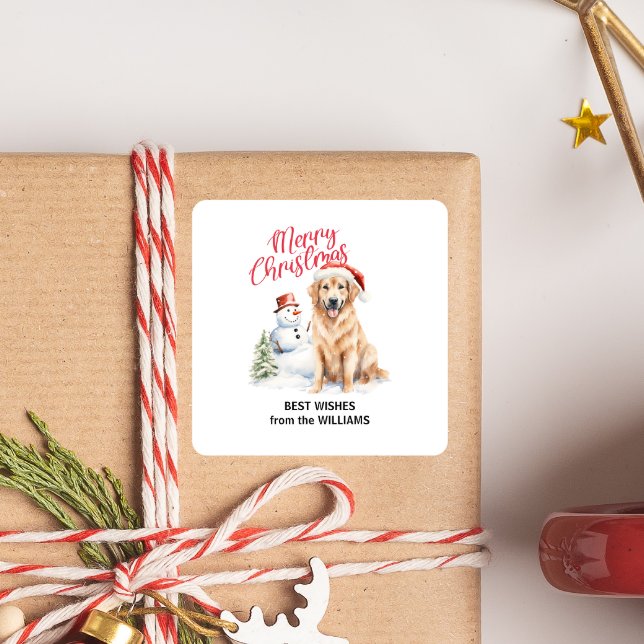 GOLDEN RETRIEVER SNOW MERRY CHRISTMAS CUSTOM TEXT SQUARE STICKER (GOLDEN RETRIVER SANTA HAT SNOWMAN AND PINE TREE MERRY CHRISTMAS IN RED AND CUSTOM TEXT)
