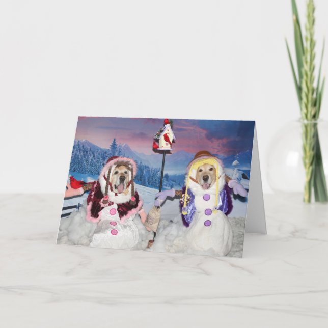 Golden Retriever Snowwomen Feeding Birds Holiday Card (Front)