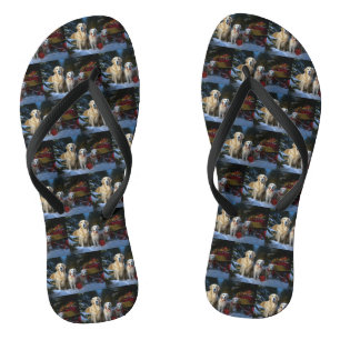 Golden Retriever Snowy Sleigh Christmas Decor  Flip Flops
