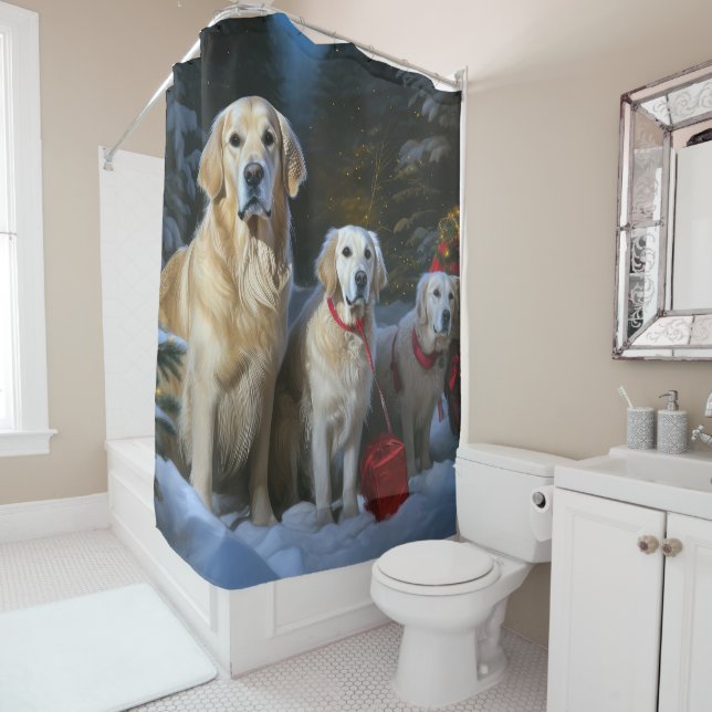 Golden Retriever Snowy Sleigh Christmas Decor  Shower Curtain (In Situ)
