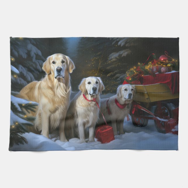 Golden Retriever Snowy Sleigh Christmas Decor  Tea Towel (Horizontal)