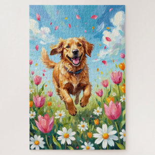 Golden Retriever Spring Meadow Floral Dog Jigsaw Puzzle