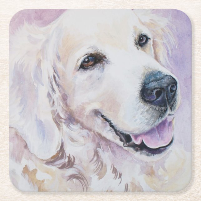 Golden retriever square paper coaster (Front)