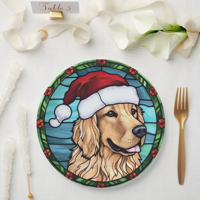 Golden Retriever Stained Glass Christmas Paper Plate (Wedding)