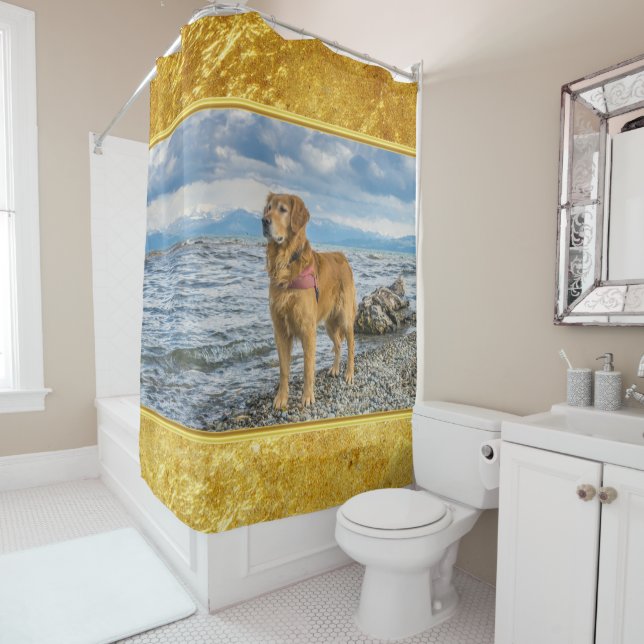 Golden Retriever standing on the blue ocean rocky Shower Curtain (In Situ)