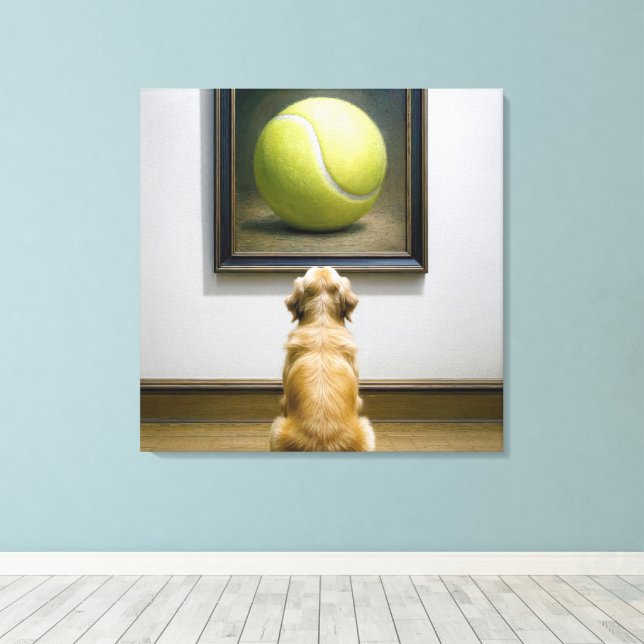 Golden Retriever Staring at a Tennis Ball Painting Canvas Print (Insitu(Wood Floor))