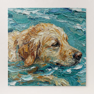 Golden Retriever Swimming I Turquoise Blue Colour Jigsaw Puzzle