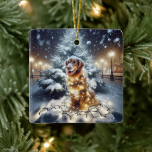 Golden Retriever Tangled In Christmas Lights Ceramic Ornament