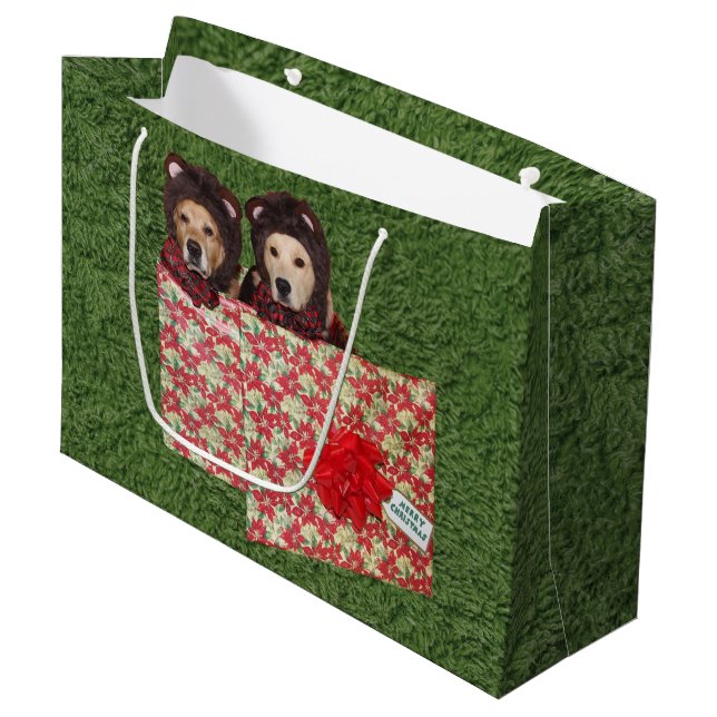 Golden Retriever Teddy Bears in a Christmas Gift Large Gift Bag (Front Angled)