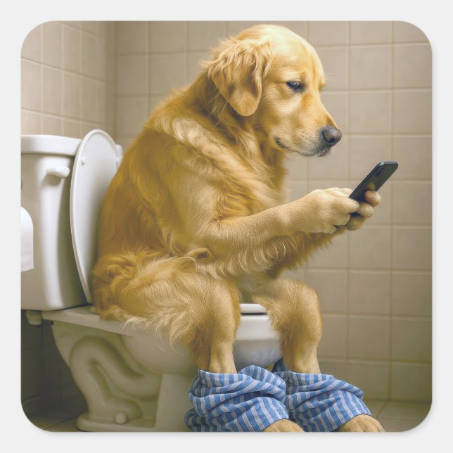 Golden Retriever Texting on a Toilet Square Sticker (Front)