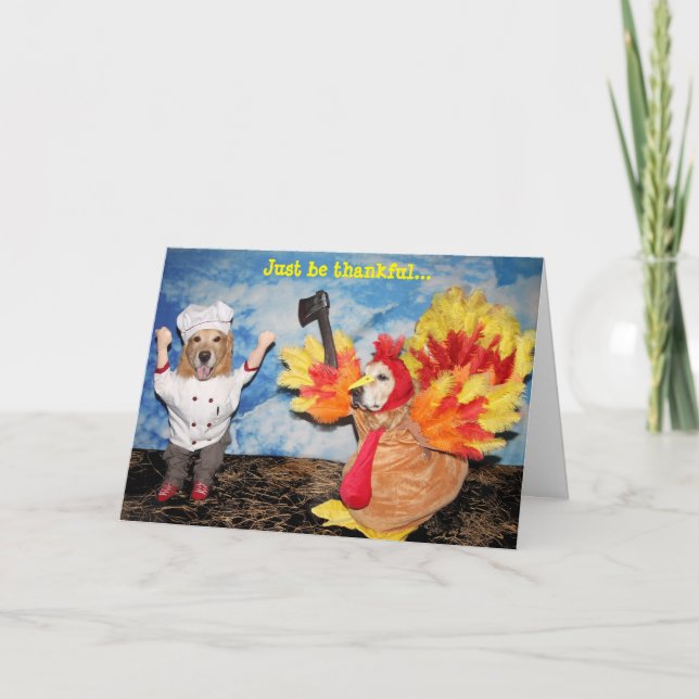 Golden Retriever Turkey Chasing Chef Thanksgiving Card (Front)