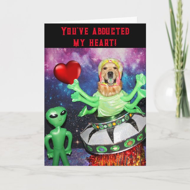 Golden Retriever Valentine Alien Heart Abduction Card (Front)