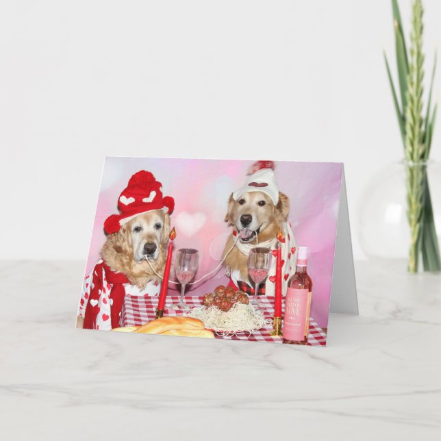 Golden Retriever Valentine Sharing Spaghetti Card (Front)