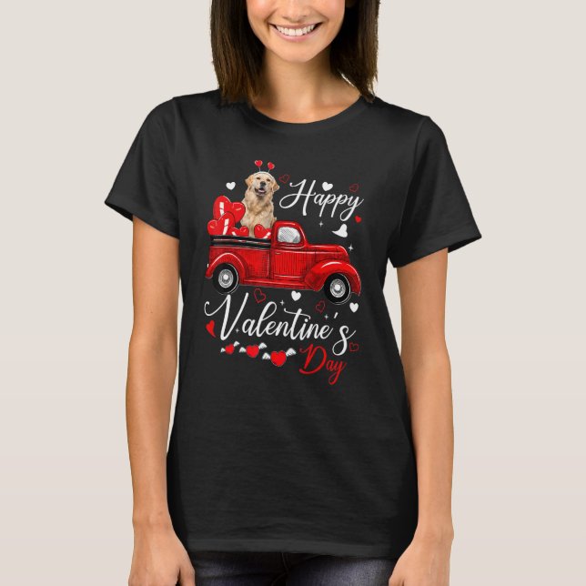 Golden retriever Valentine's Day Dogs Red Truck He T-Shirt (Front)