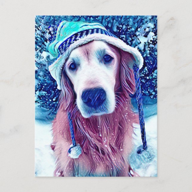Golden Retriever Vibrant Blue Winter Wishes Art Postcard (Front)