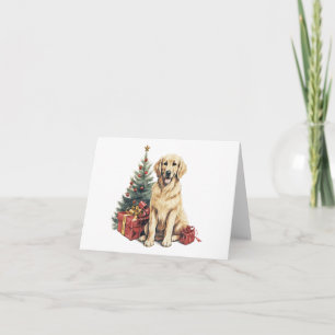 Golden Retriever w Christmas Tree and Gift BLANK Card