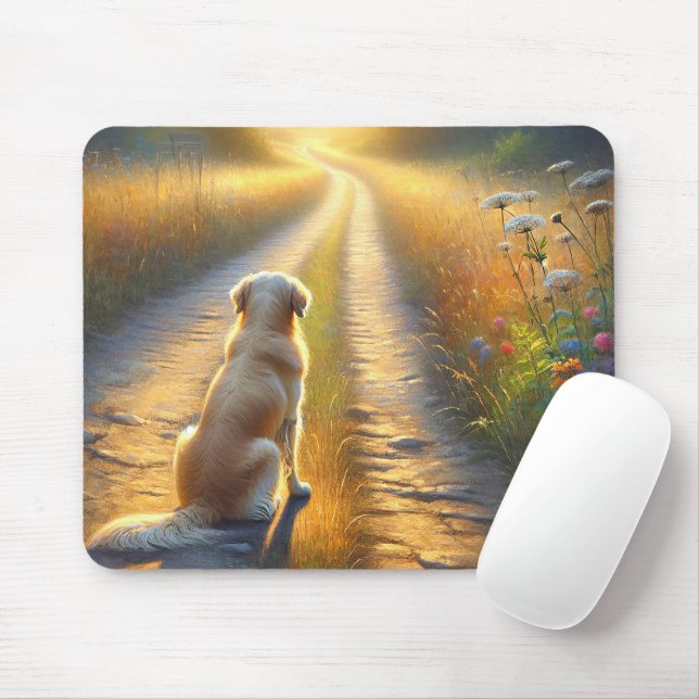 Golden Retriever Waiting On A Dirt Road Mouse Mat (With Mouse)