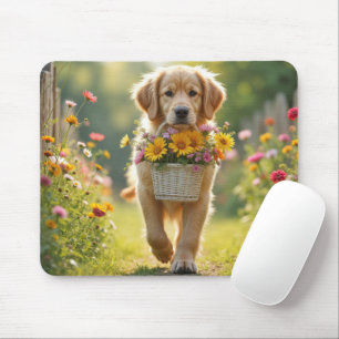 Golden Retriever Walking With a Flower Basket Mouse Mat
