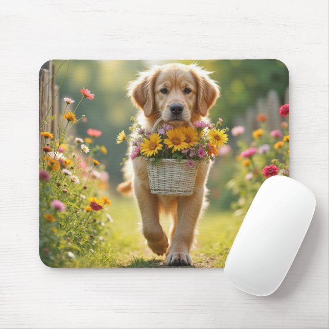 Golden Retriever Walking With a Flower Basket Mouse Mat (With Mouse)