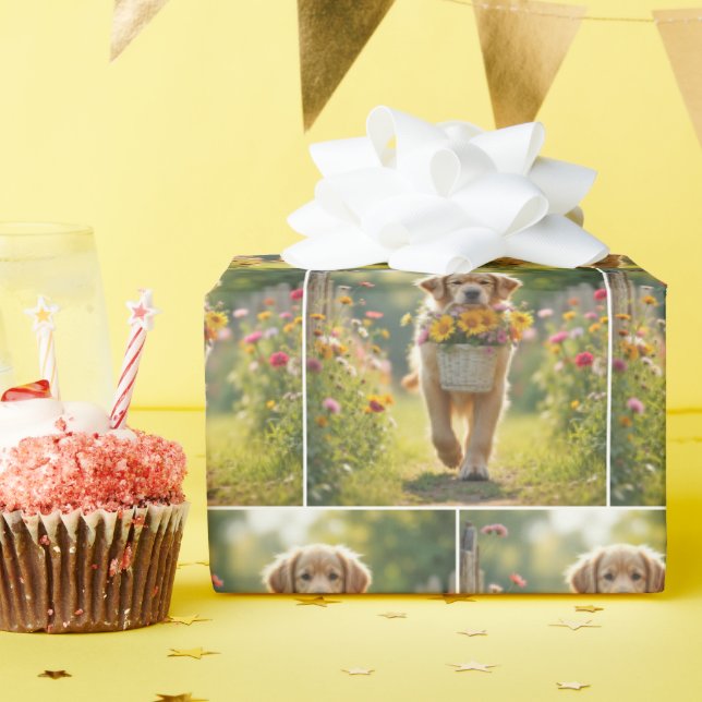 Golden Retriever Walking With a Flower Basket Wrapping Paper (Birthday Party)