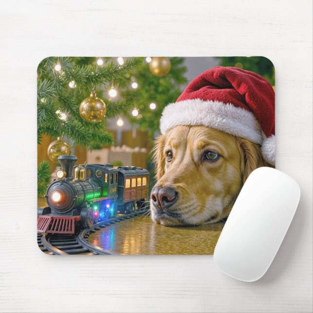 Golden Retriever Watching a Christmas Toy Train Mouse Mat (With Mouse)