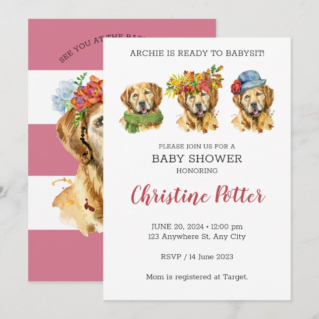 Golden Retriever Watercolor Baby Shower Invitation (Front/Back)