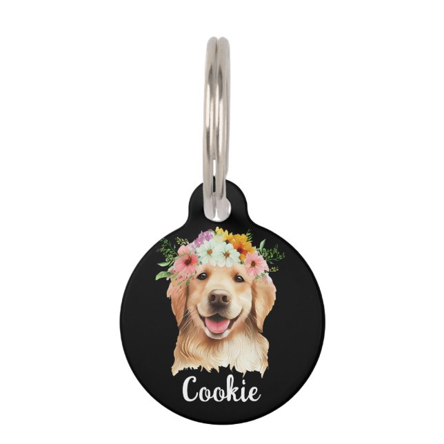 Golden Retriever Watercolor Flower Round Pet Tag (Front)