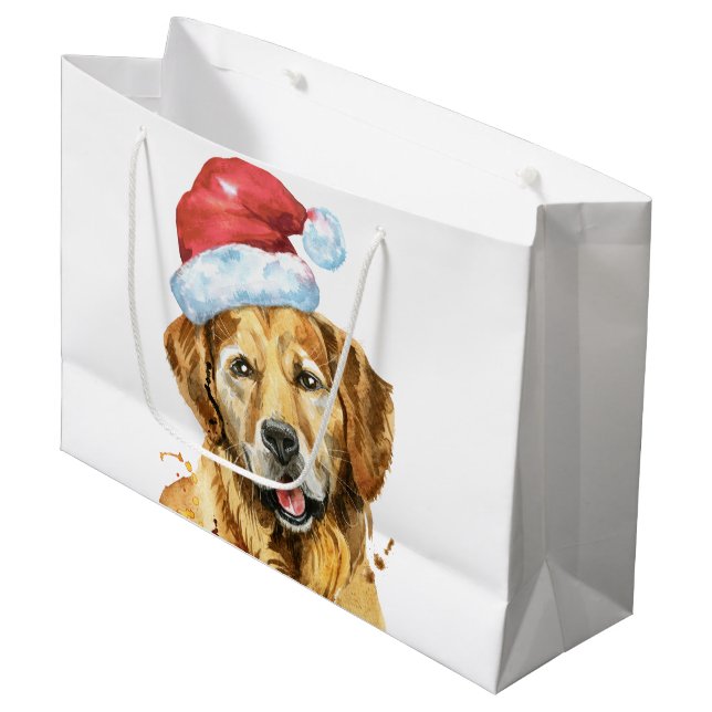 Golden Retriever Watercolor Santa Large Gift Bag (Front Angled)