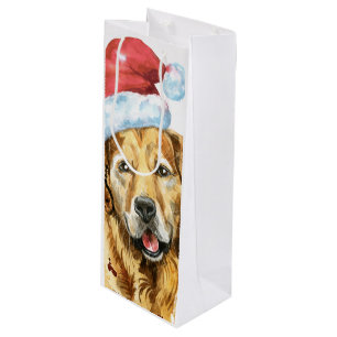 Golden Retriever Watercolor Santa Wine Gift Bag