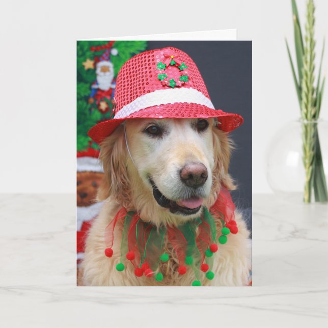 Golden Retriever wearing a Christmas Fedora Hat Holiday Card (Front)